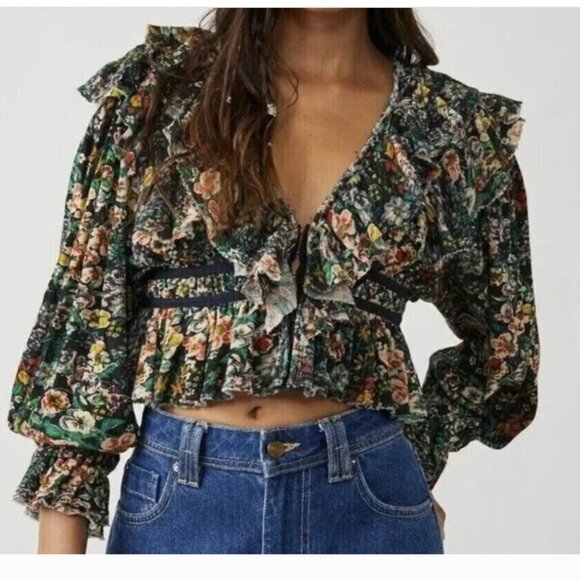 Free People Tops - Free People Rudi Ruffle Floral Night Garden Cropped Blouse